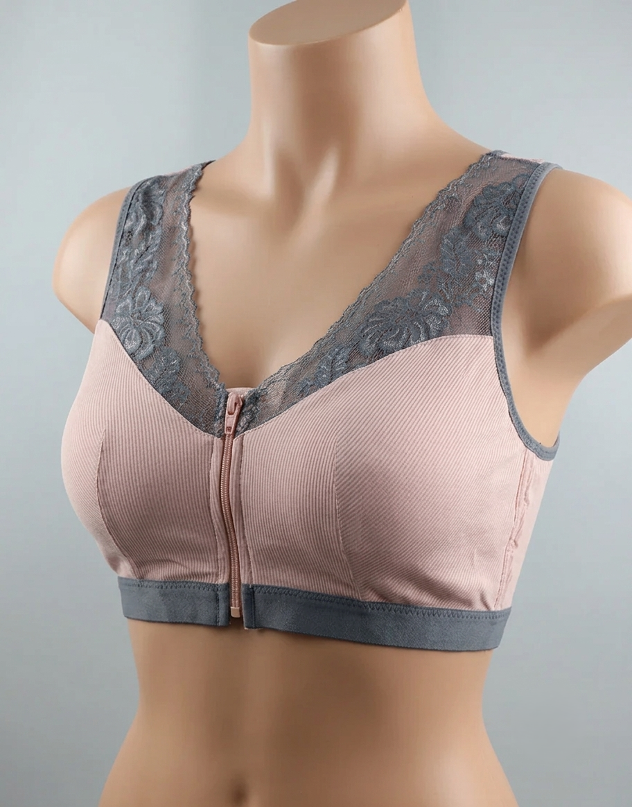 Ribbed Post-Surgical Recovery Bra with Front Zipper & Prosthesis Pockets