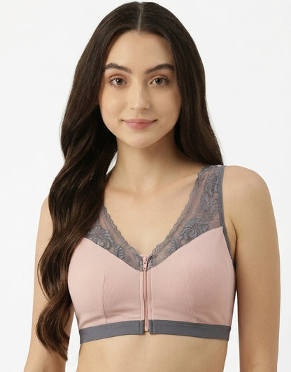 Ribbed Post-Surgical Recovery Bra with Front Zipper & Prosthesis Pockets – Soft Pink