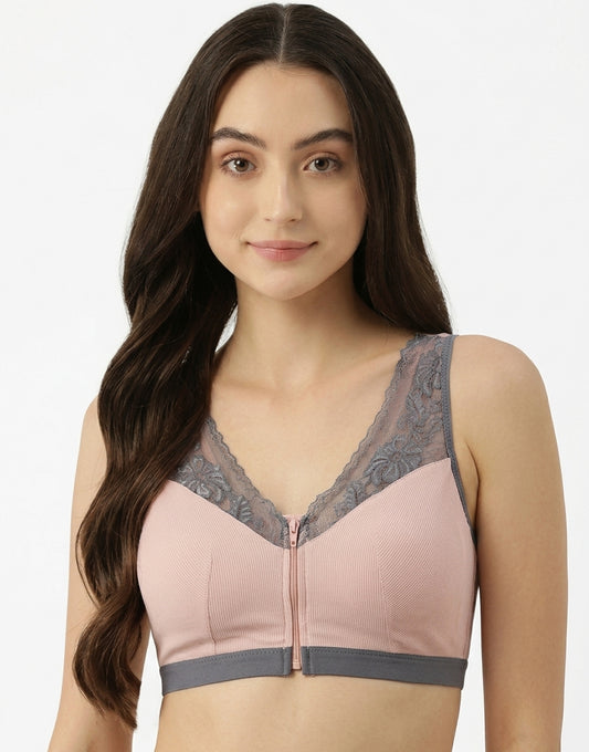 Ribbed Post-Surgical Recovery Bra with Front Zipper & Prosthesis Pockets – Soft Pink