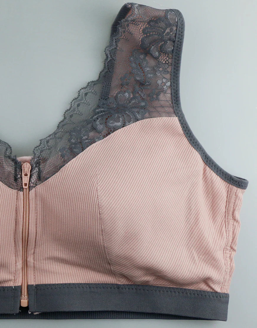 Ribbed Post-Surgical Recovery Bra with Front Zipper & Prosthesis Pockets – Soft Pink