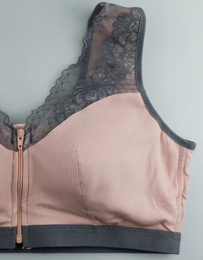 Ribbed Post-Surgical Recovery Bra with Front Zipper & Prosthesis Pockets – Soft Pink