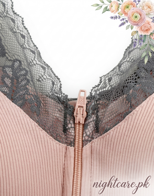 Ribbed Post-Surgical Recovery Bra with Front Zipper & Prosthesis Pockets – Soft Pink