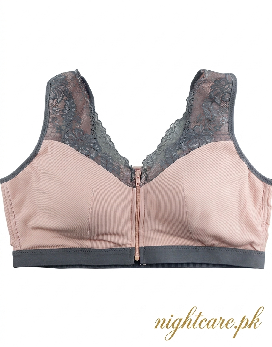 Ribbed Post-Surgical Recovery Bra with Front Zipper & Prosthesis Pockets – Soft Pink