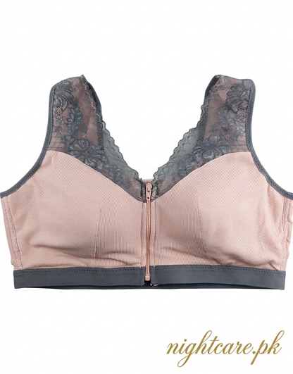 Ribbed Post-Surgical Recovery Bra with Front Zipper & Prosthesis Pockets – Soft Pink