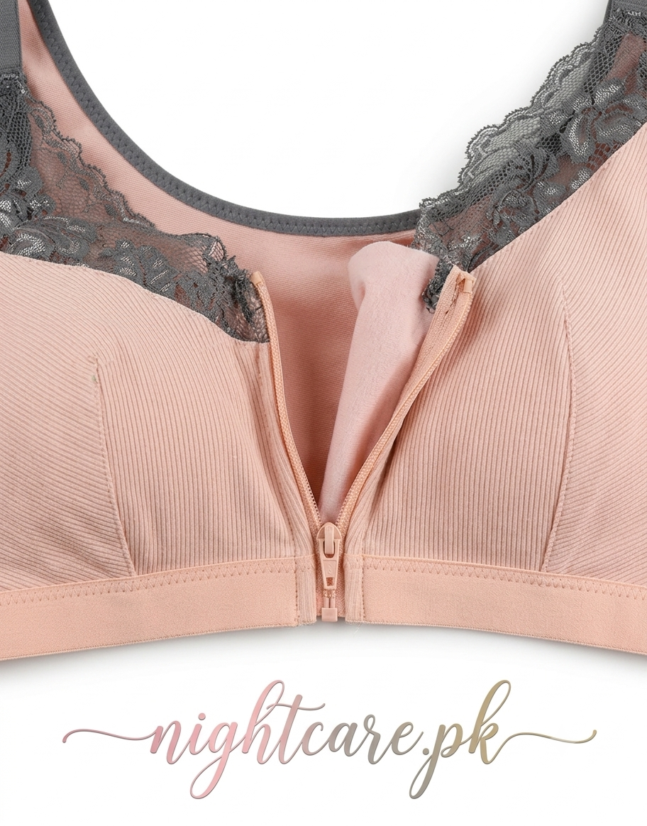 Ribbed Post-Surgical Recovery Bra with Front Zipper & Prosthesis Pockets – Soft Pink