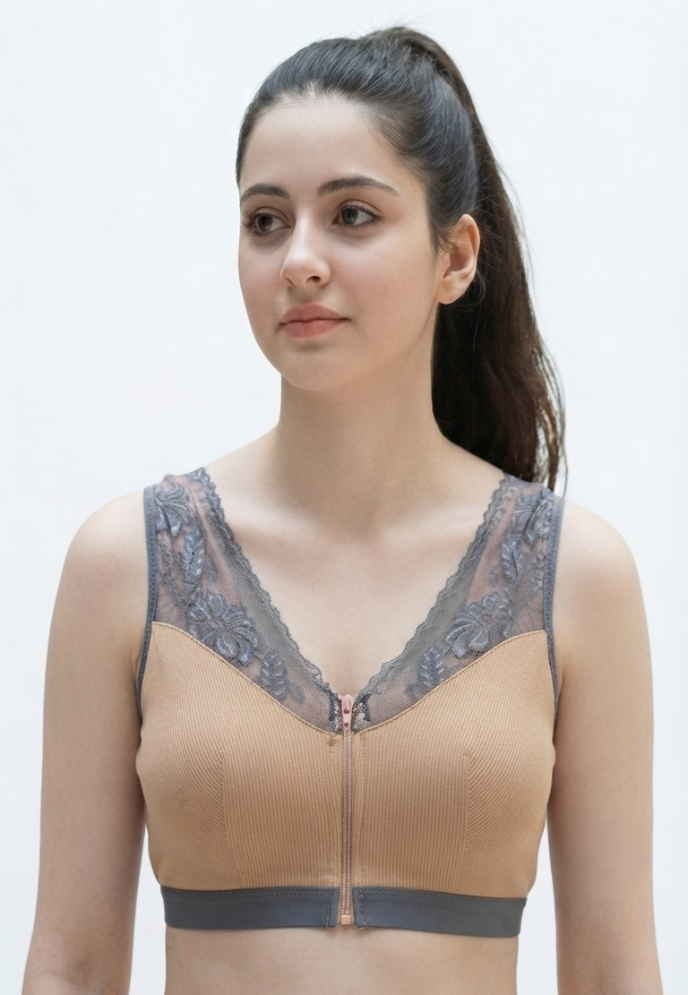 Ribbed Post-Surgical Recovery Bra with Front Zipper & Prosthesis Pockets